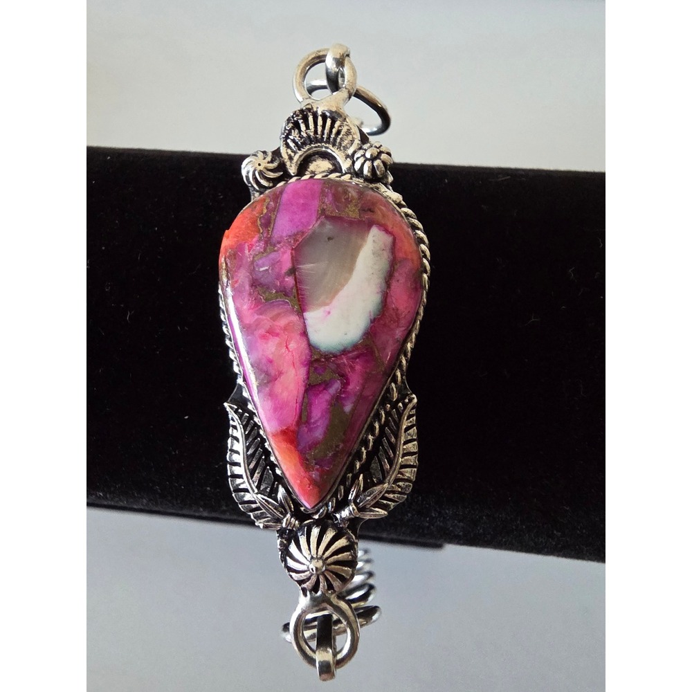 Pink Dahlia Turquoise Silver Tone Adjustable Toggle Bracelet SS Hallmark 6-8in